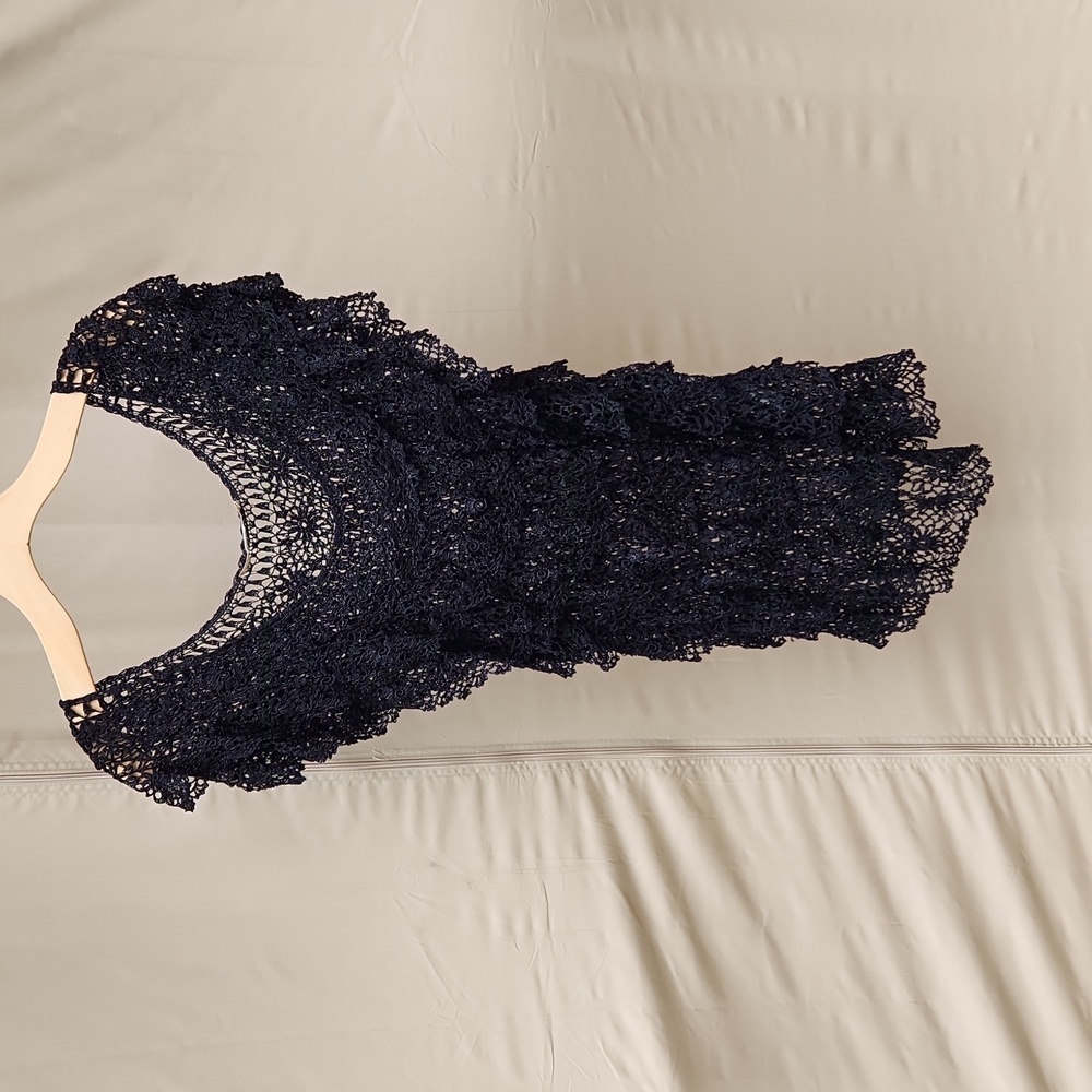 Boston Proper Navy Blue Crochet Ruffled Blouse